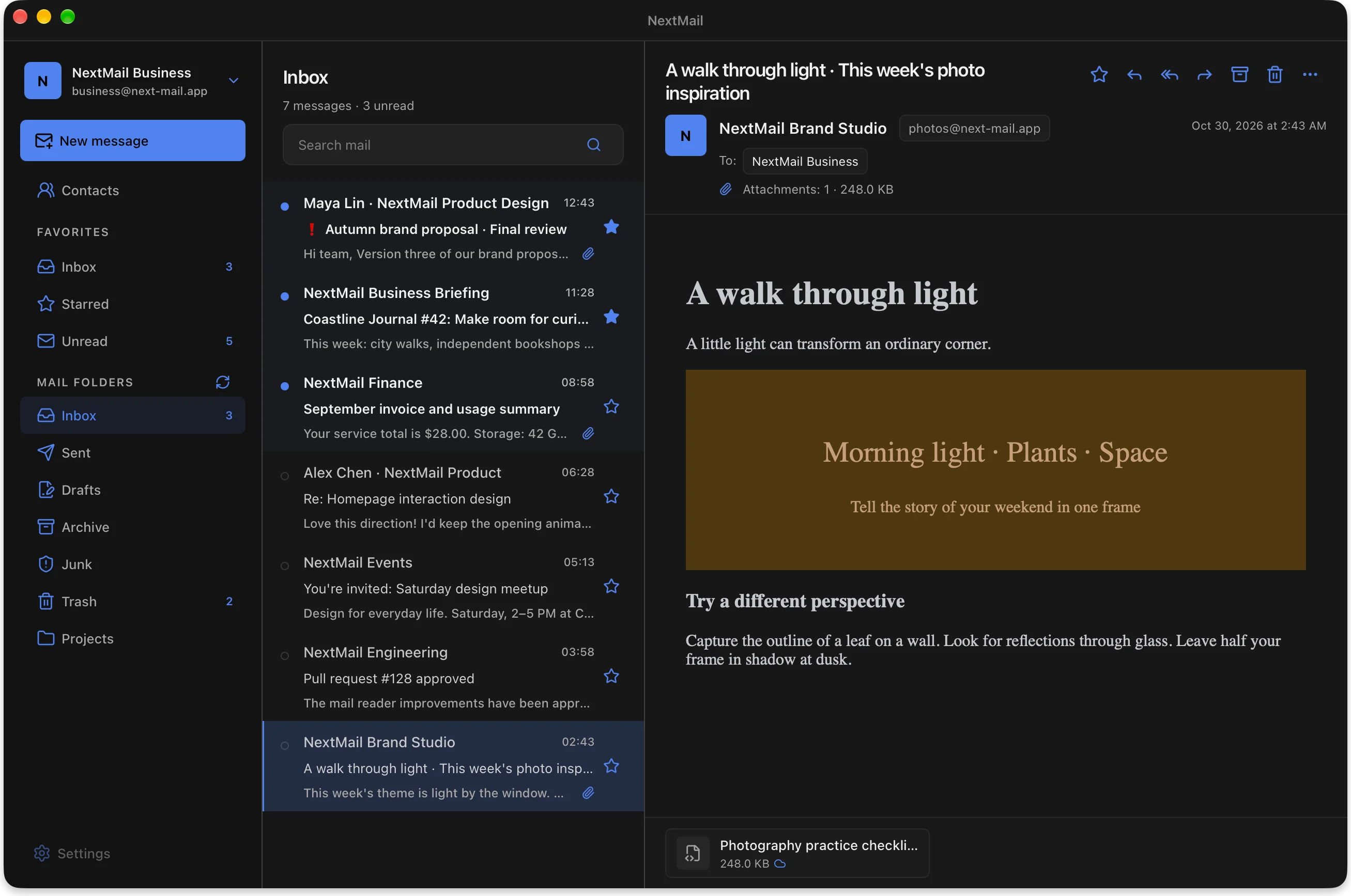 NextMail’s three-pane workspace: accounts and folders, message list, and a rich email reading pane. Demo content.