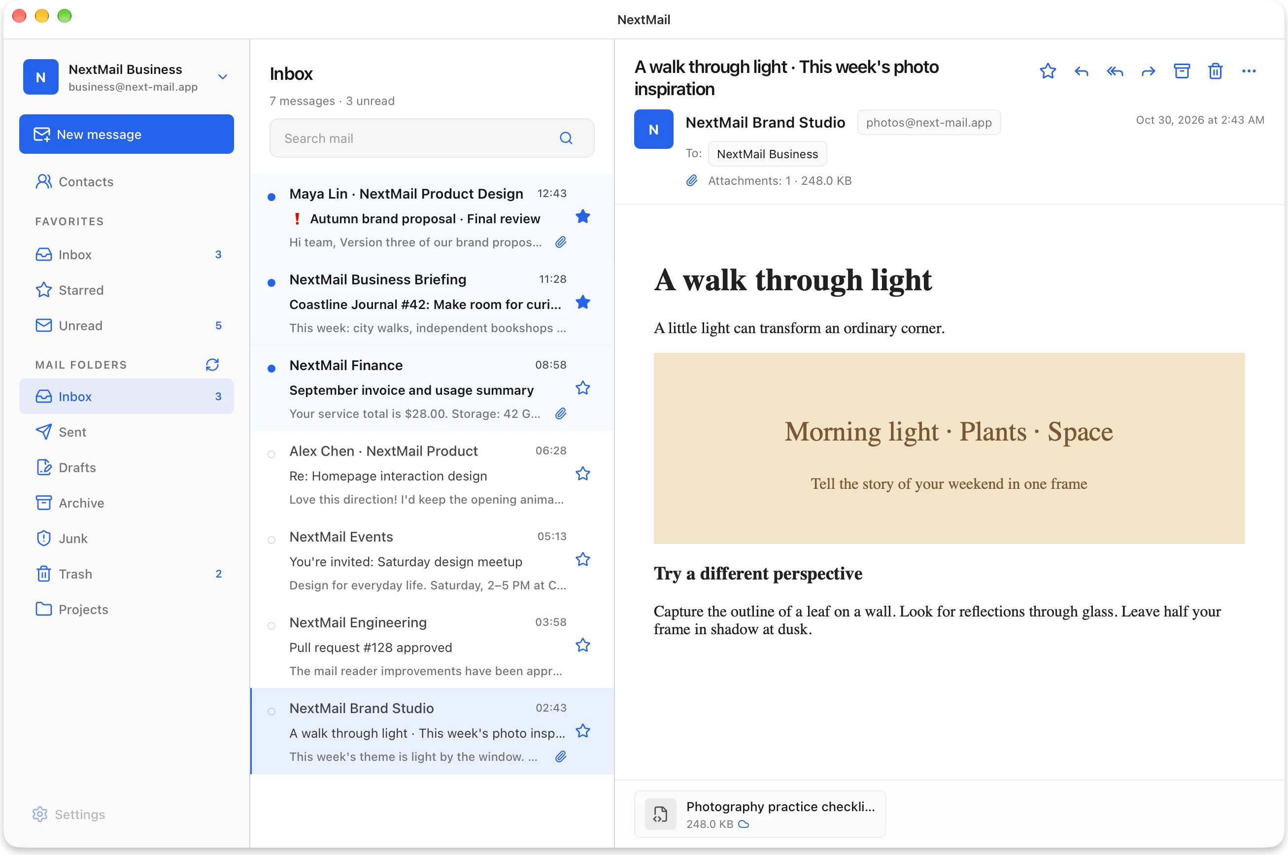 NextMail’s three-pane workspace: accounts and folders, message list, and a rich email reading pane. Demo content.